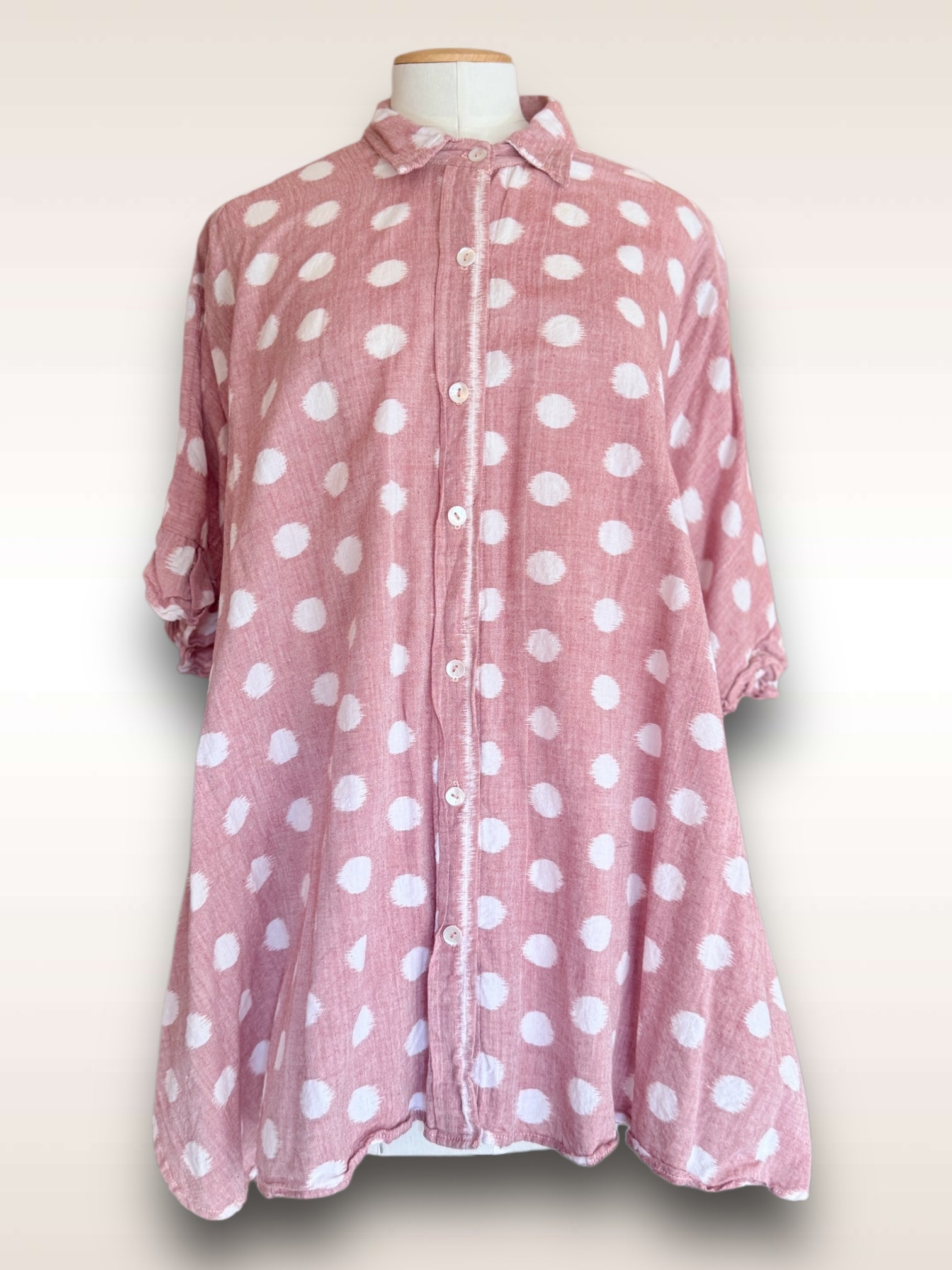 Ikat Ruffle Blouse Pink Polkadots