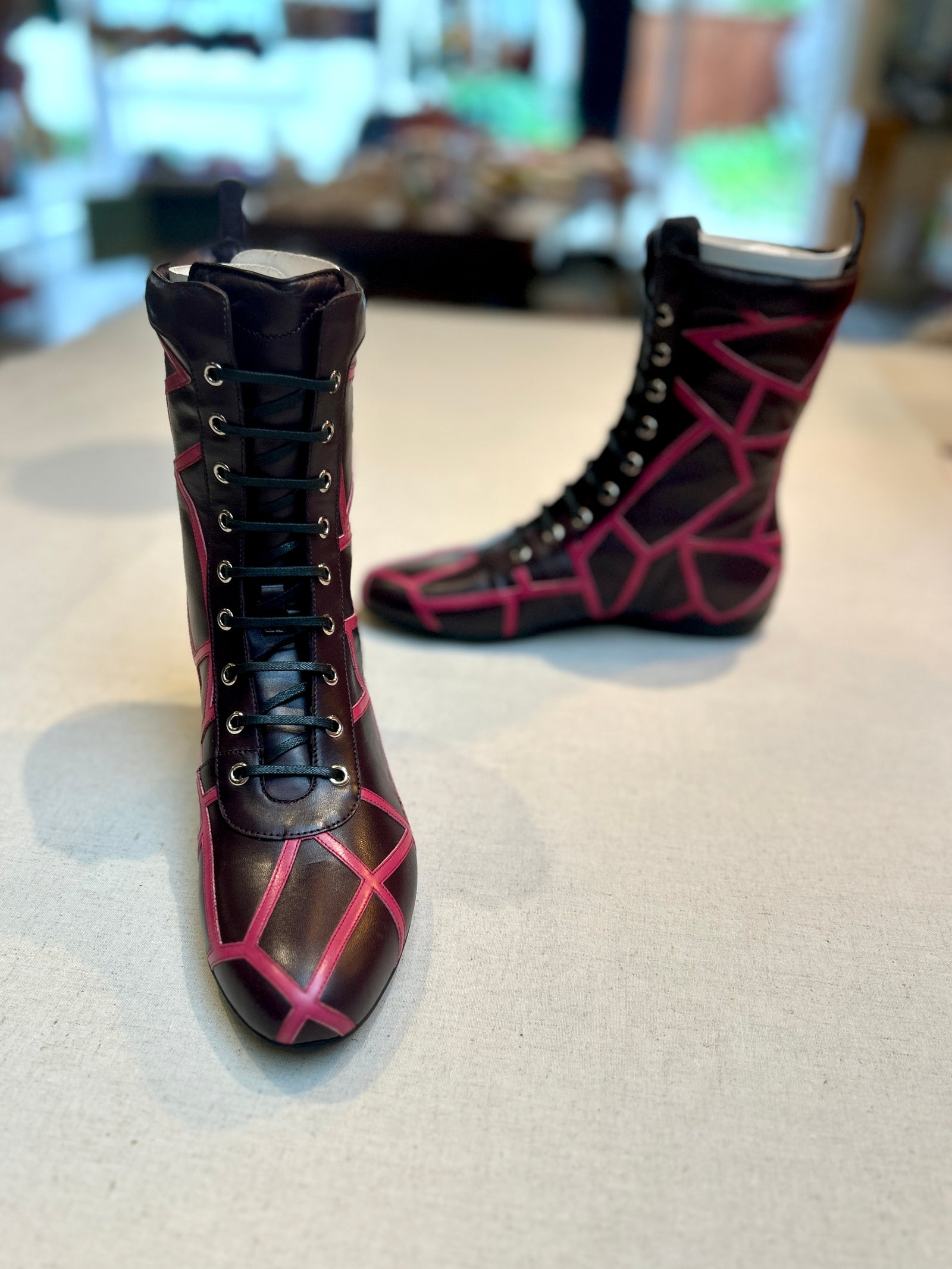 Yohji Yamamoto x Salvatore Ferragamo brown and pink leather lace up boots.