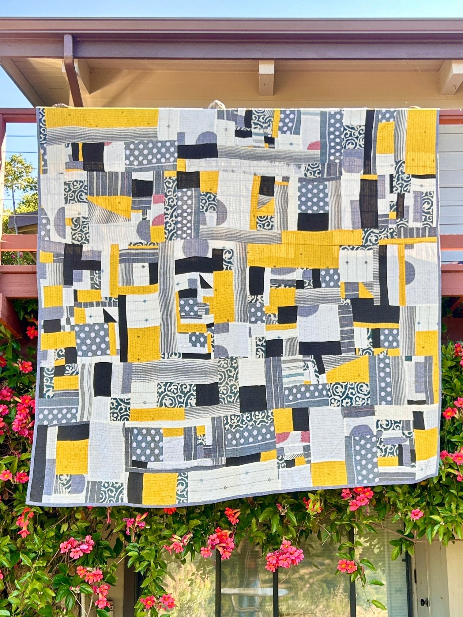 Art quilt queen with yellow & gray