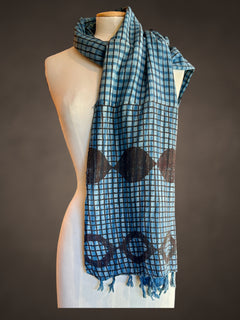 Block Printed Cotton Gauze Scarf • Indigo Black Grid - Bee