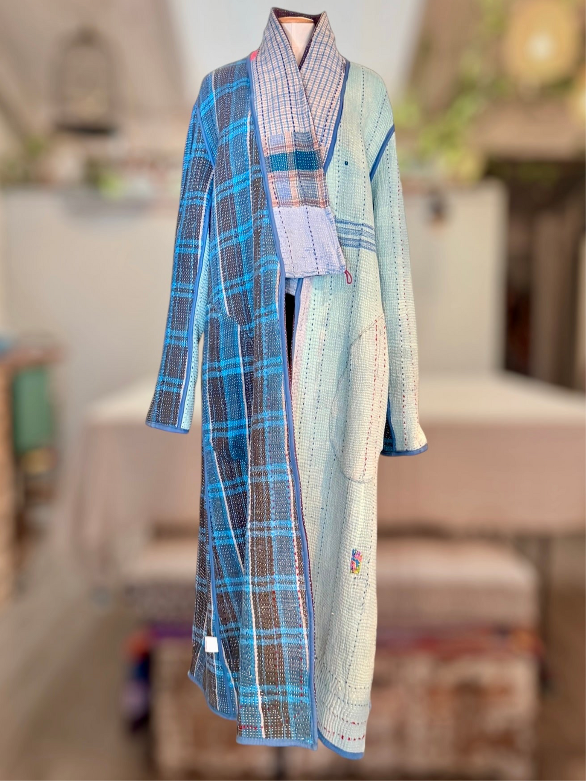 Kimono Coat Lt Blue Plaid Reverse