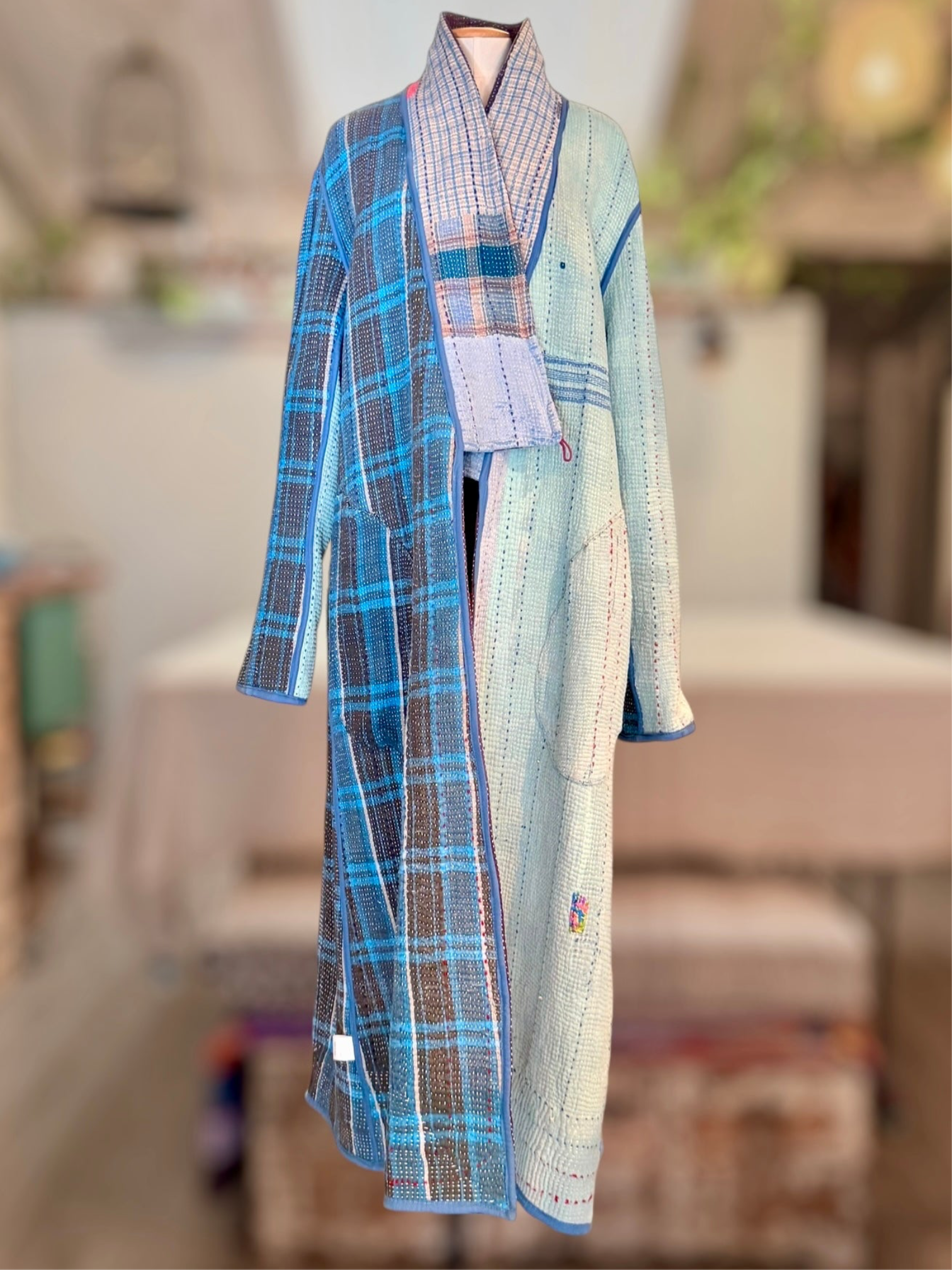 Kimono Coat Lt Blue Plaid Reverse