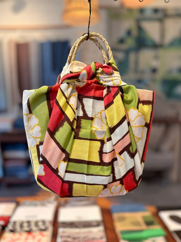 Furoshiki Seagrass Bag Pink Green - Japanese Basket Bag - Bee