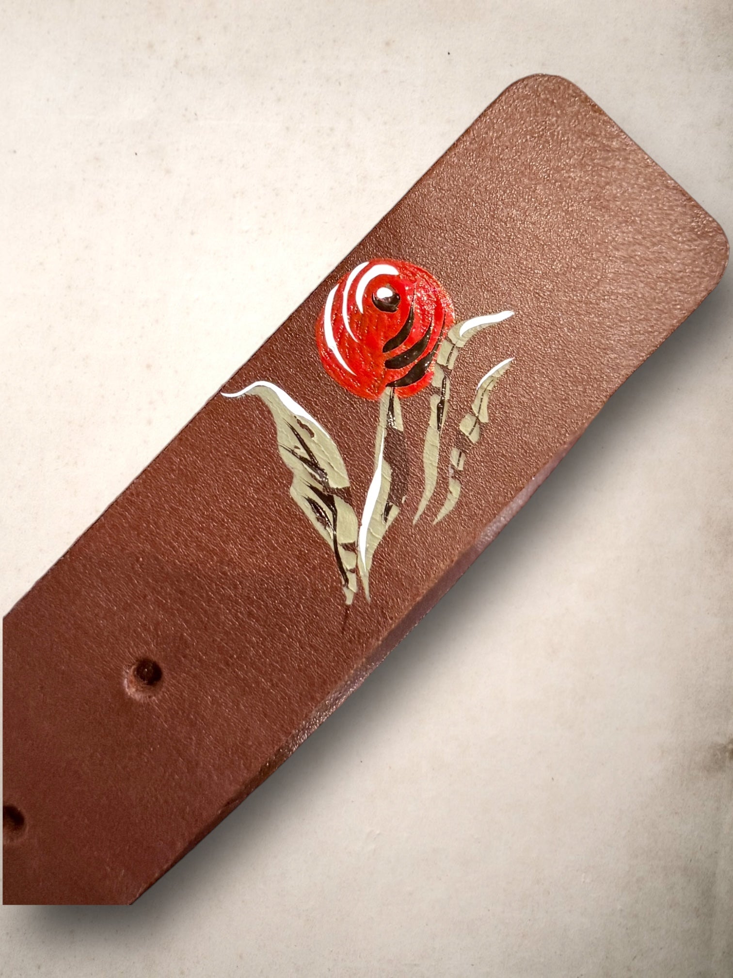 Hand Painted Leather Brown Belt Red Camelia