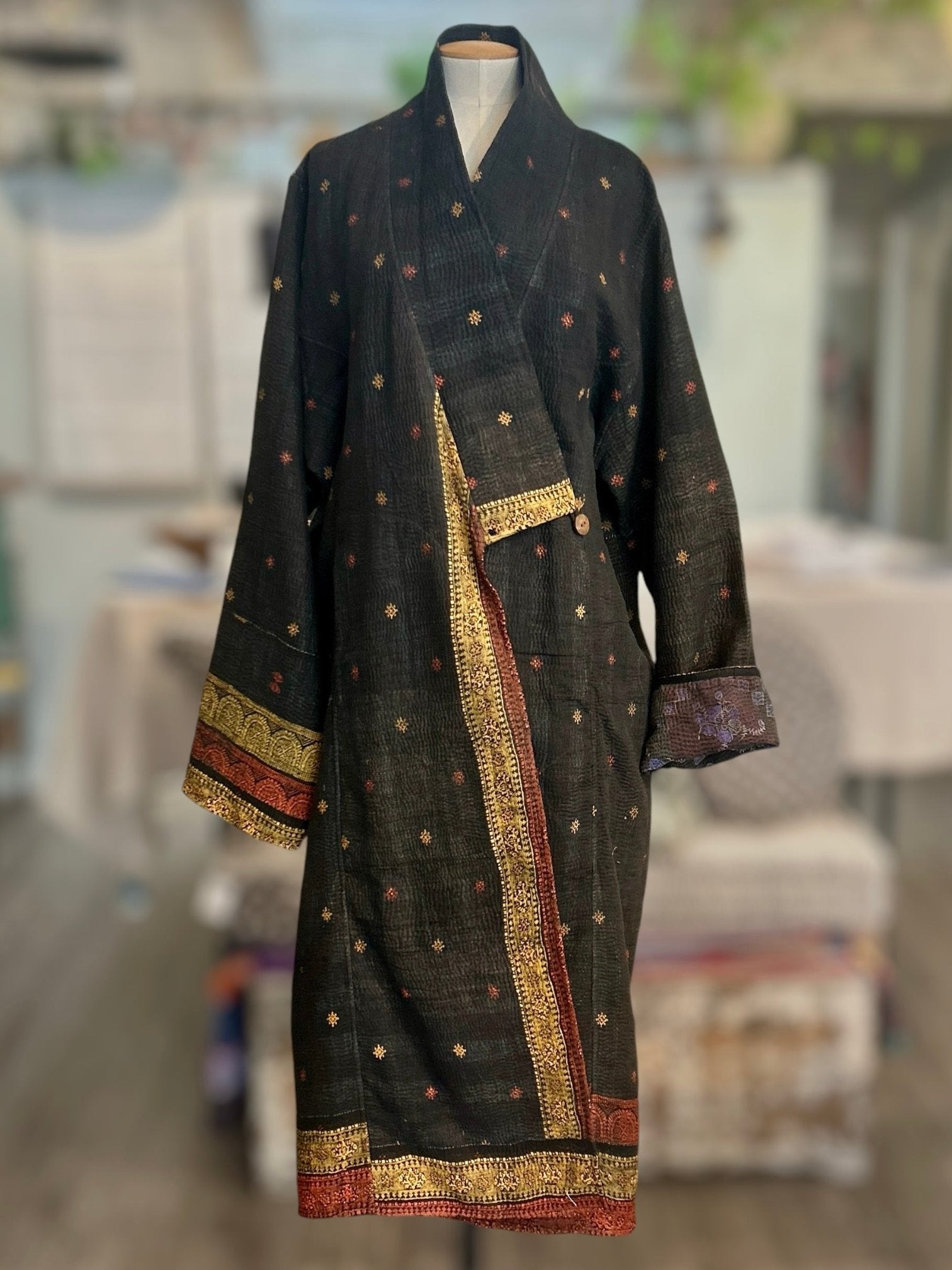 Kimono Coat Black Gold Trim