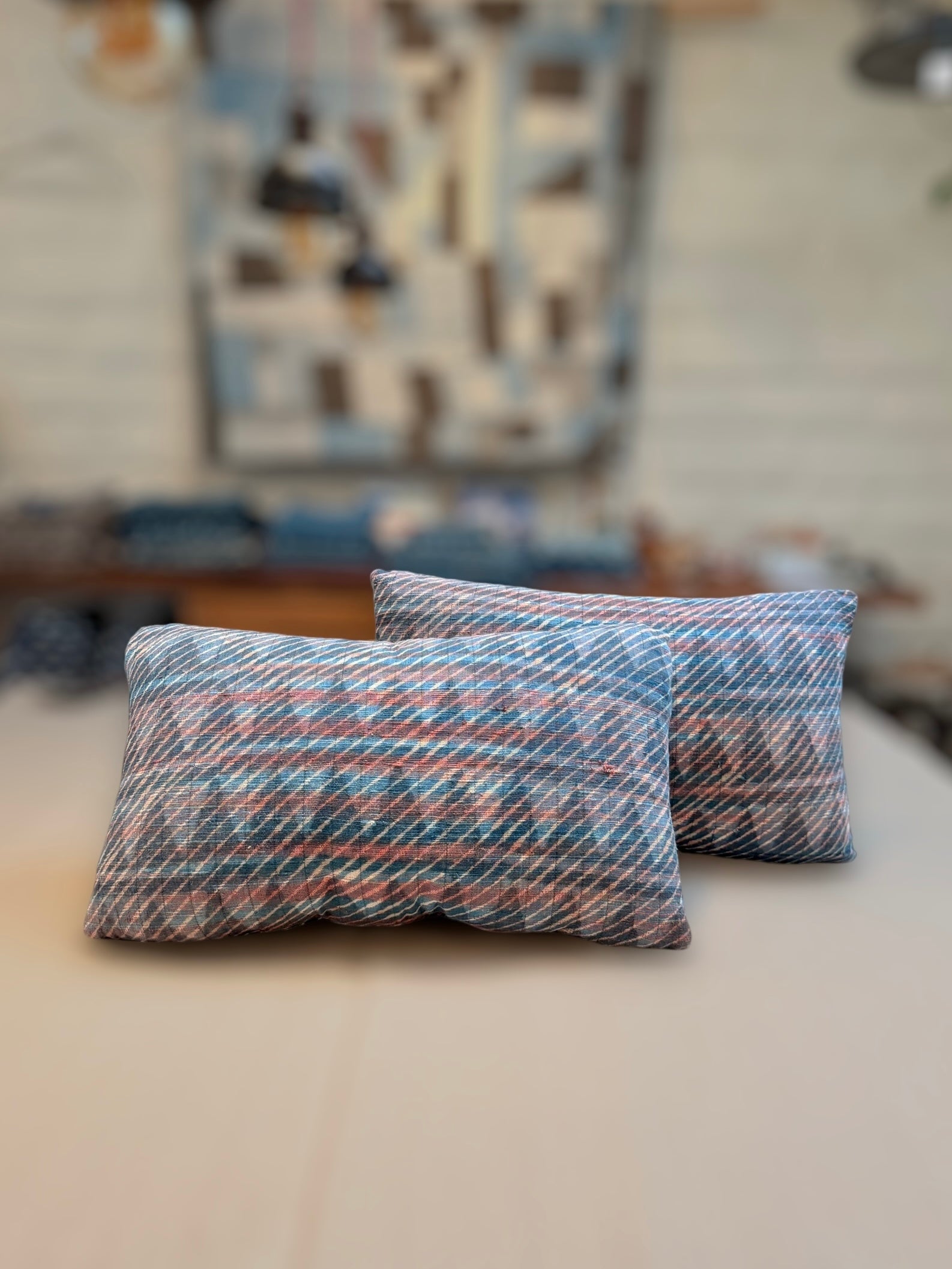 Lumbar Cushions Indigo & Pink Stripes