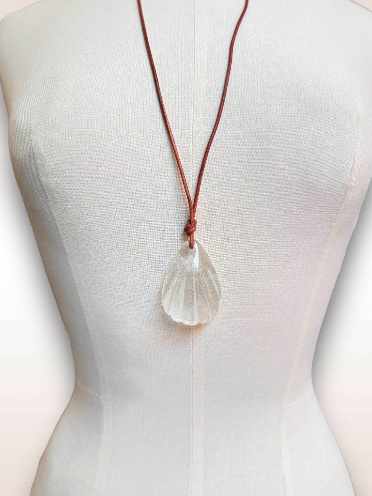 Rock Crystal Shell with Leather Necklace