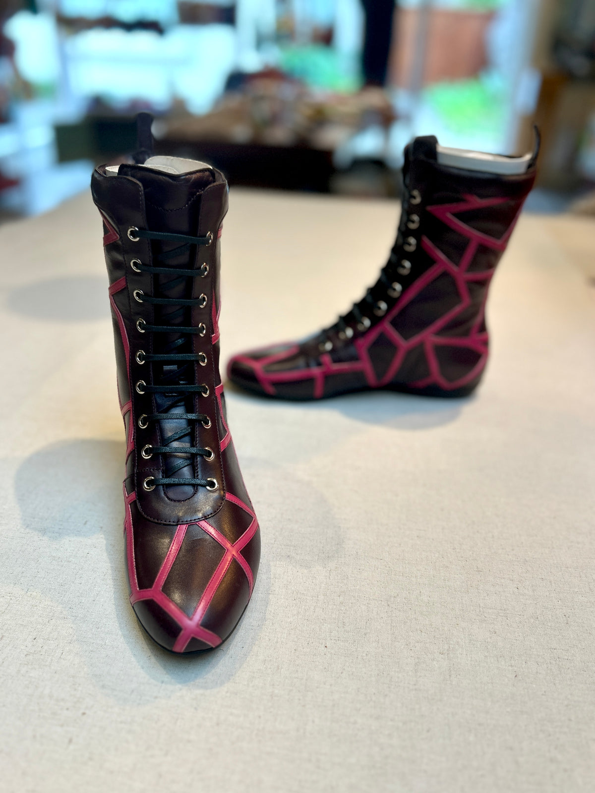 Yohji Yamamoto x Salvatore Ferragamo  brown and pink leather lace up boots. 