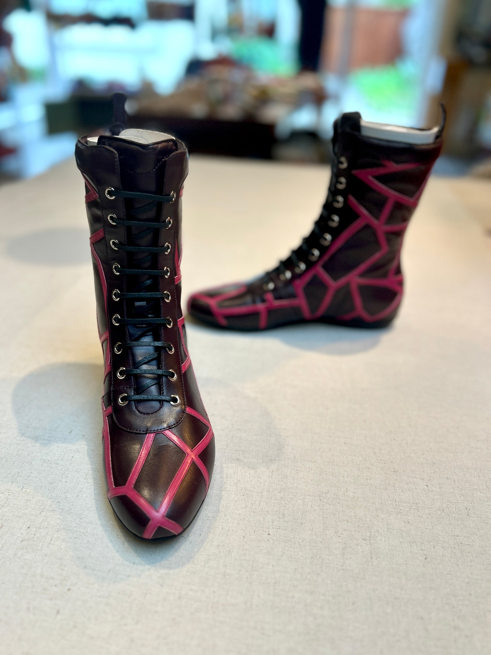 Yohji Yamamoto x Salvatore Ferragamo  brown and pink leather lace up boots. 