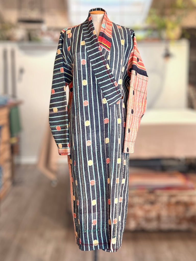 Reversible Kantha Kimono Coat — Navy Stripes & Color Dots